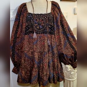 Free People Long Puff Sleeve BABYDOLL MINI Dress. Embroidery Tiers Gathers. S M